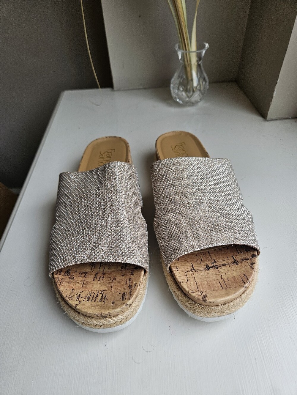 Franco Sarto Envy Platform Slide gold with cork Espardrills  - Size 8.5